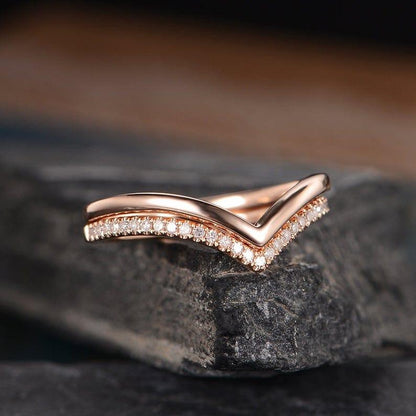 Rose Gold V Shape Curved Chevron 2Pc Matching Moissanite Promise Wedding Band - JBR Jeweler