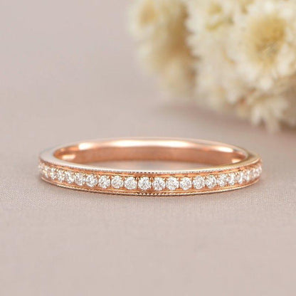 Rose Gold Woman Half Eternity Diamond Art Deco Matching Band Milgrain Dainty Wedding Band - JBR Jeweler