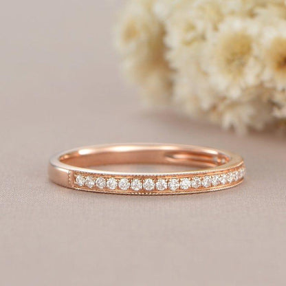 Rose Gold Woman Half Eternity Diamond Art Deco Matching Band Milgrain Dainty Wedding Band - JBR Jeweler