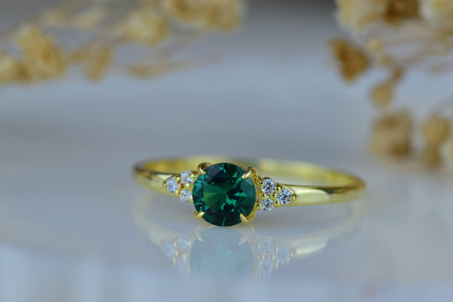 Round Cut Emerald Engagement 14K Gold Dainty Wedding Anniversary Ring Mothers Day Gift - JBR Jeweler