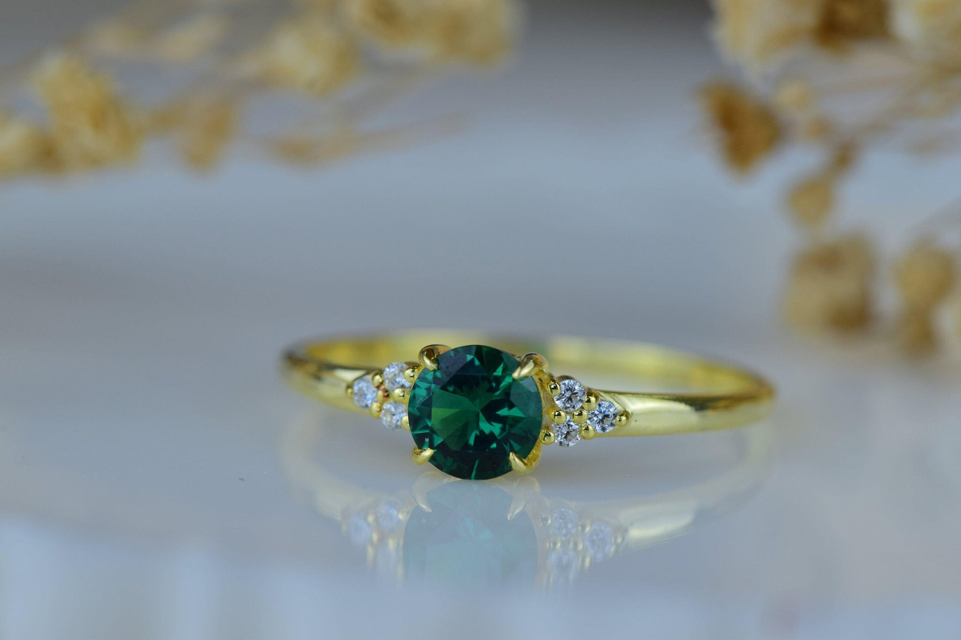 Round Cut Emerald Engagement 14K Gold Dainty Wedding Anniversary Ring Mothers Day Gift - JBR Jeweler