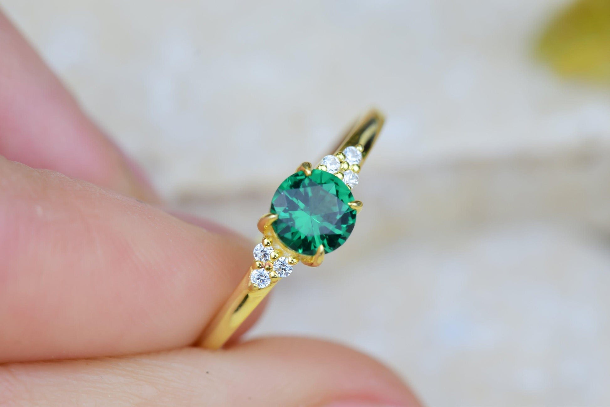 Round Cut Emerald Engagement 14K Gold Dainty Wedding Anniversary Ring Mothers Day Gift - JBR Jeweler