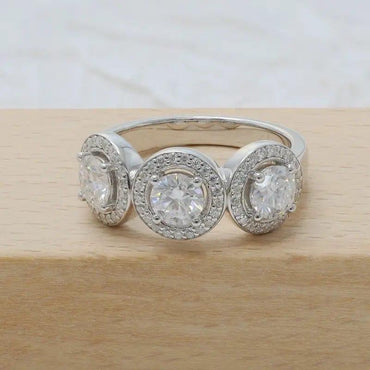 Round Cut Lab Grown-CVD Diamond Three Stone Halo Engagement Ring - JBR Jeweler