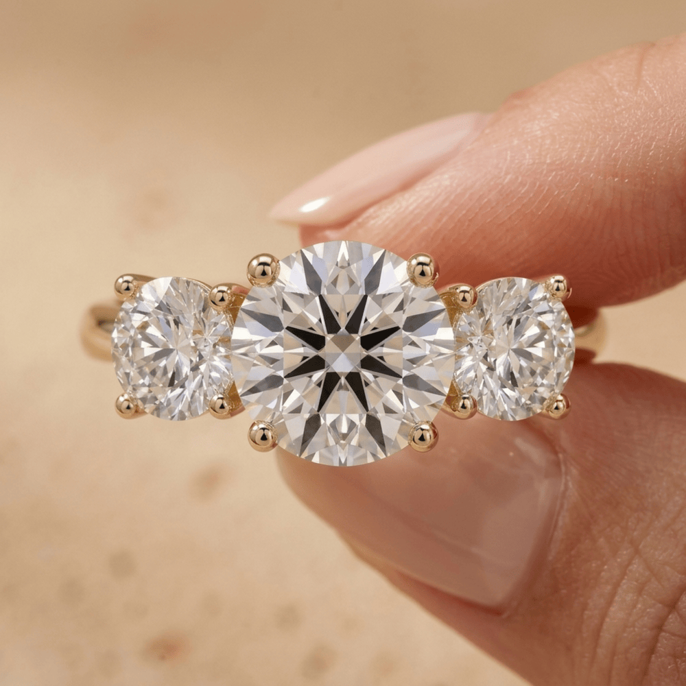 Three stone moissanite engagement ring close up