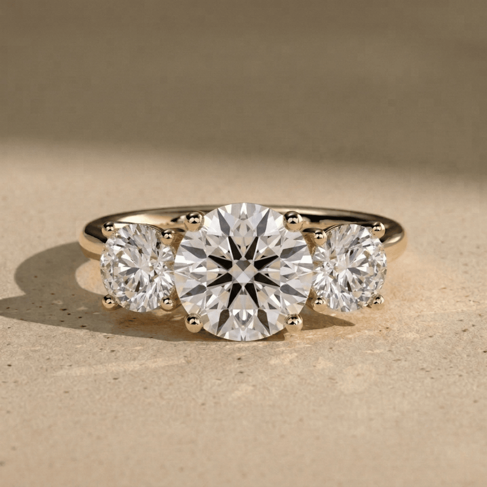 Three stone moissanite ring with brilliant round center