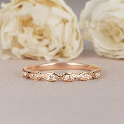 Round Cut Rose Gold Half Eternity Dainty Twist Stacking Minimalist Moissanite Wedding Band - JBR Jeweler