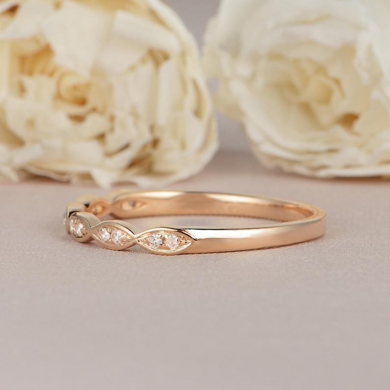 Round Cut Rose Gold Half Eternity Dainty Twist Stacking Minimalist Moissanite Wedding Band - JBR Jeweler