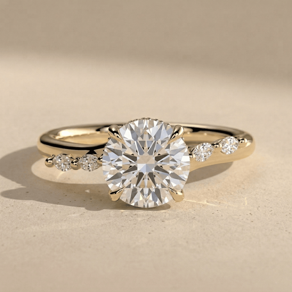 Hidden halo round moissanite engagement ring in solid gold