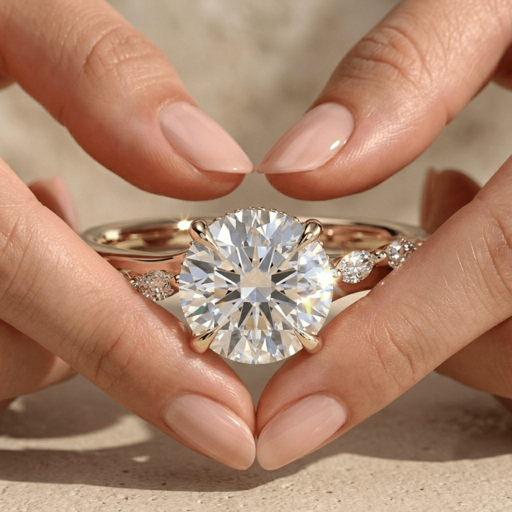 Round moissanite engagement ring with elevated cathedral setting