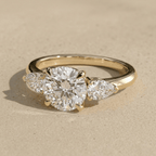 Round Moissanite Three Stone Engagement Ring in 14K Gold - view 5