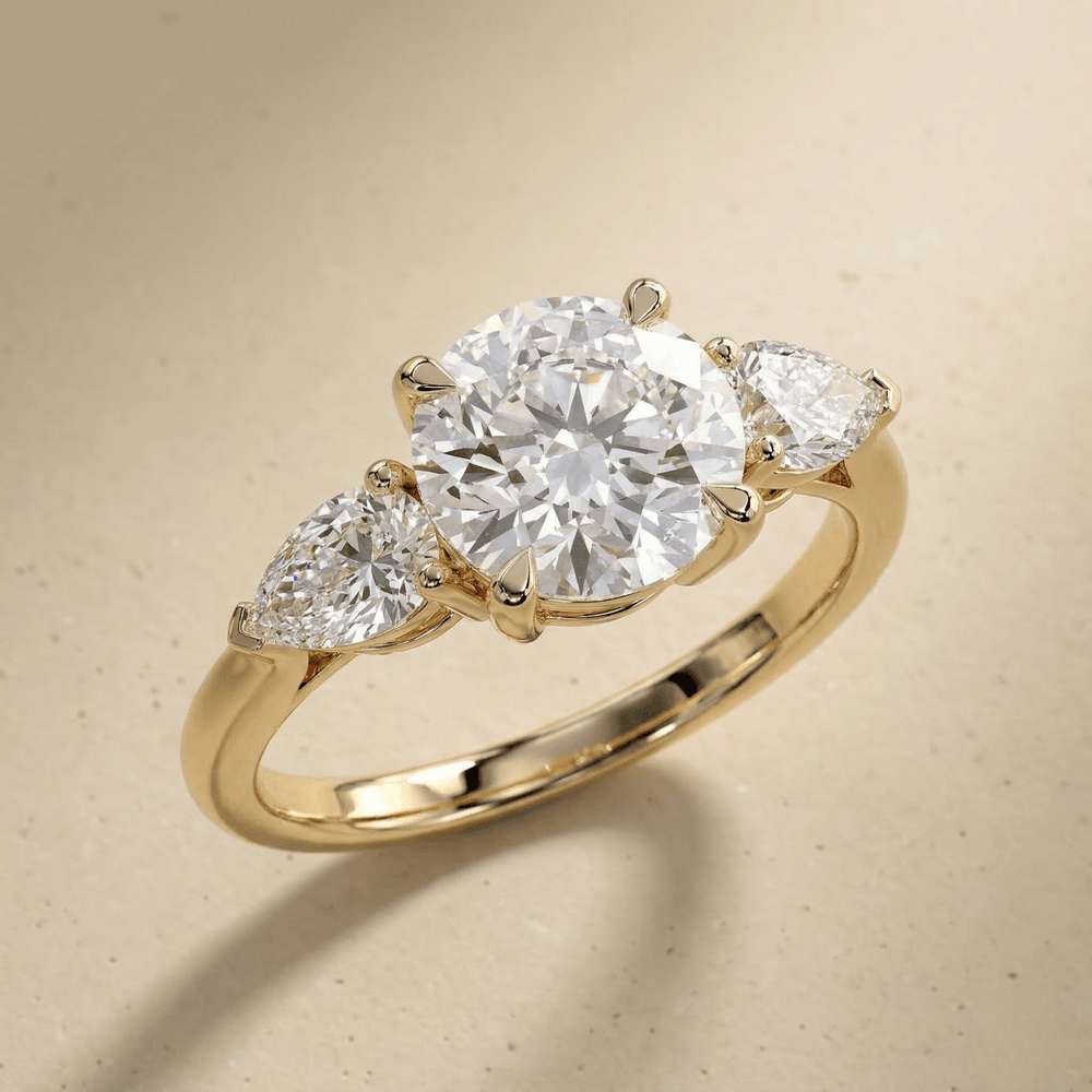Round Moissanite Three Stone Engagement Ring in 14K Gold - view 6