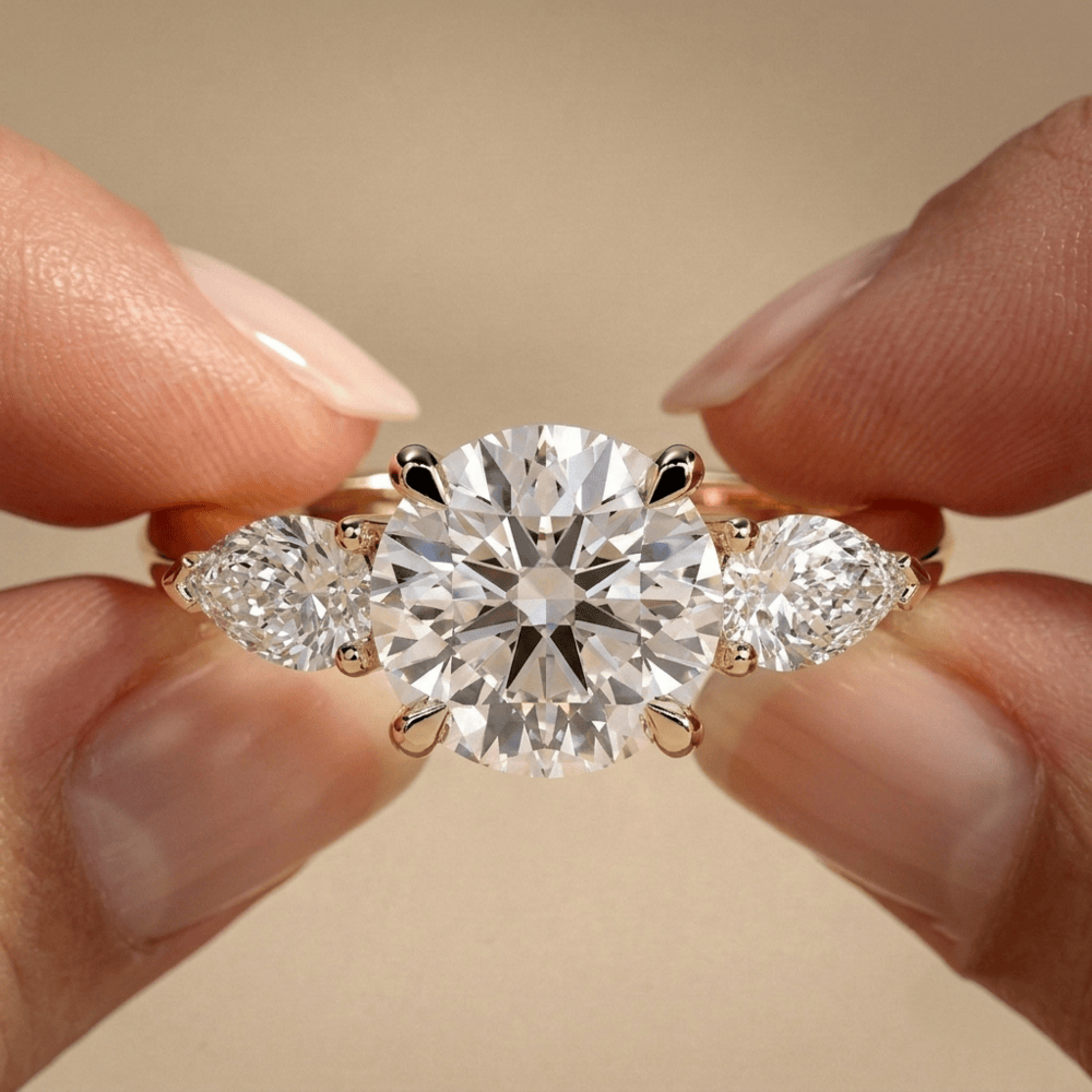 14K gold round moissanite three stone engagement ring
