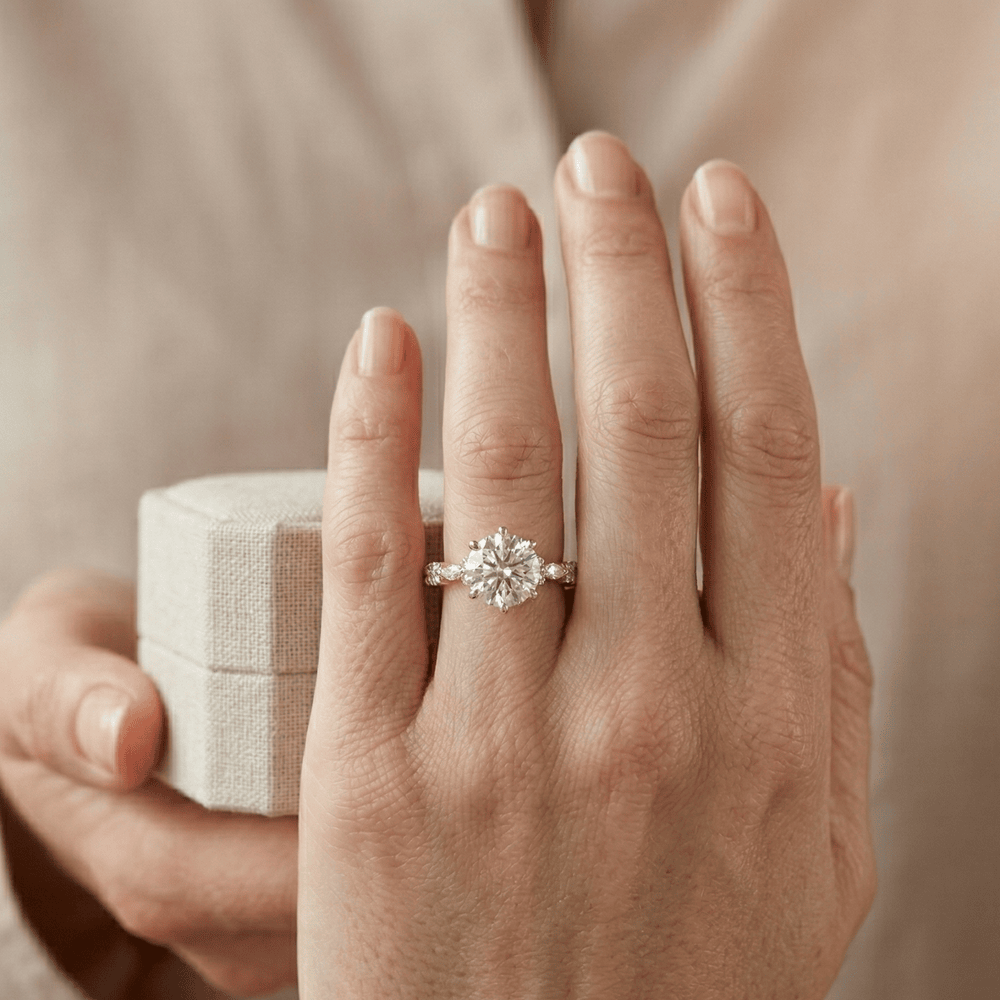 Round cut moissanite ring for proposal in yellow gold