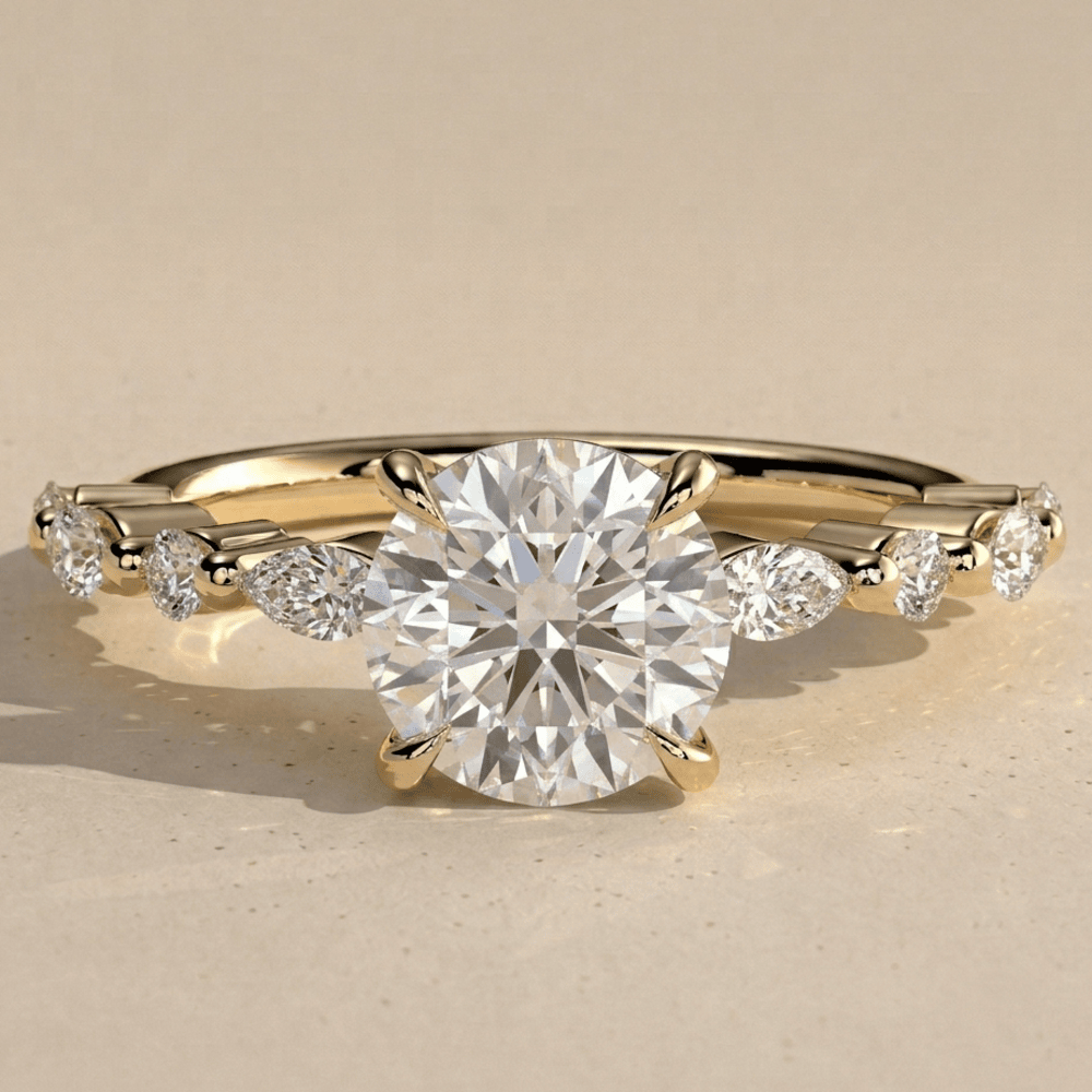 Vintage round moissanite ring with side stones in yellow gold