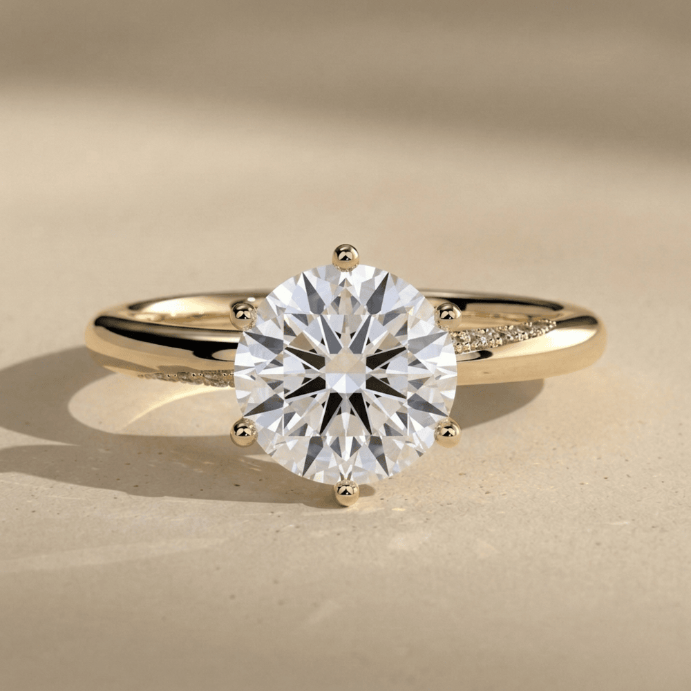 Round moissanite engagement ring with sweeping band