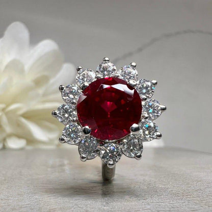 Ruby Round Halo Engagement White Gold Moissanite Ring For Gift - JBR Jeweler