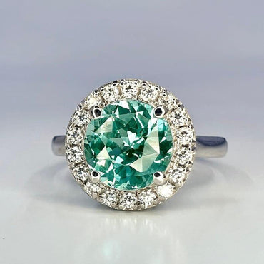 Teal Green Paraiba tourmaline vintage halo engagement ring - JBR Jeweler