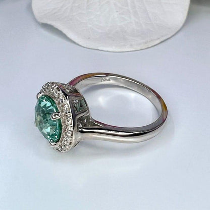 Teal Green Paraiba tourmaline vintage halo engagement ring - JBR Jeweler