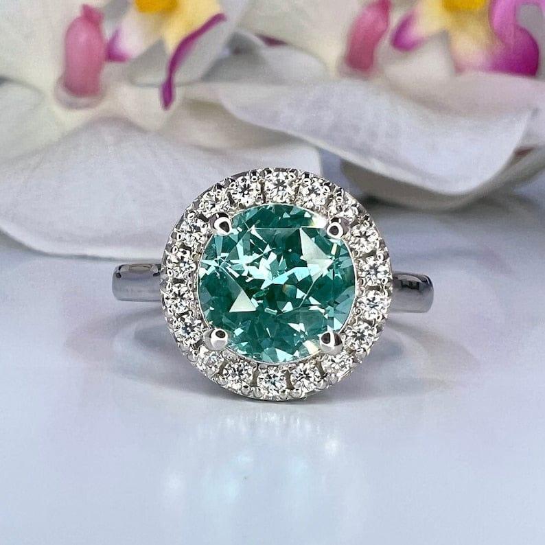 Teal Green Paraiba tourmaline vintage halo engagement ring - JBR Jeweler