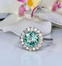 Teal Green Paraiba tourmaline vintage halo engagement ring - JBR Jeweler