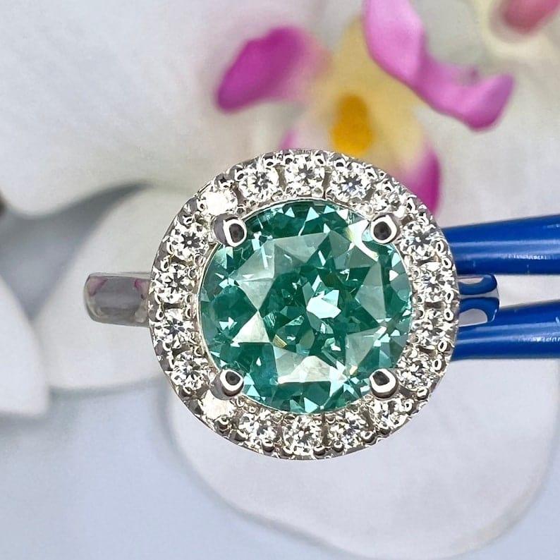 Teal Green Paraiba tourmaline vintage halo engagement ring - JBR Jeweler