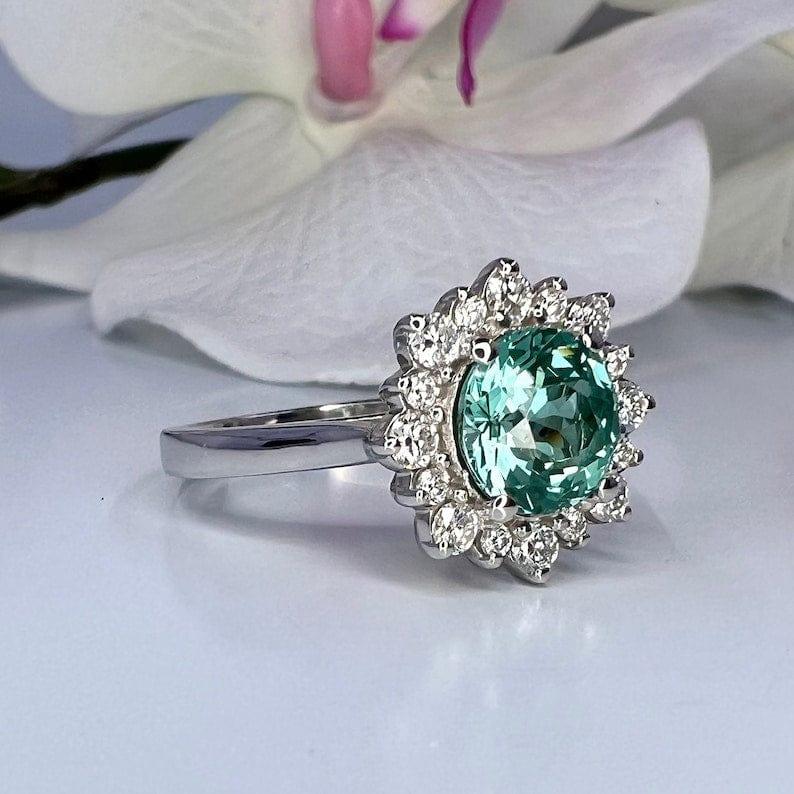 Teal Green Paraiba tourmaline vintage style engagement ring - JBR Jeweler