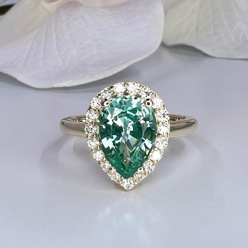 Teal Paraiba Tourmaline 14K White Gold Pear Shaped Halo Ring - JBR Jeweler