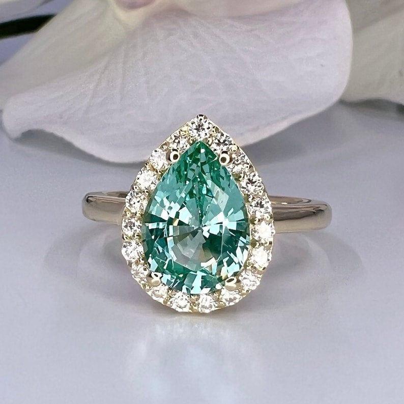 Teal Paraiba Tourmaline 14K White Gold Pear Shaped Halo Ring - JBR Jeweler