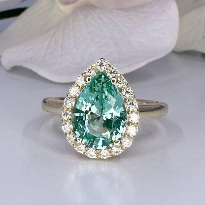 Teal Paraiba Tourmaline 14K White Gold Pear Shaped Halo Ring - JBR Jeweler