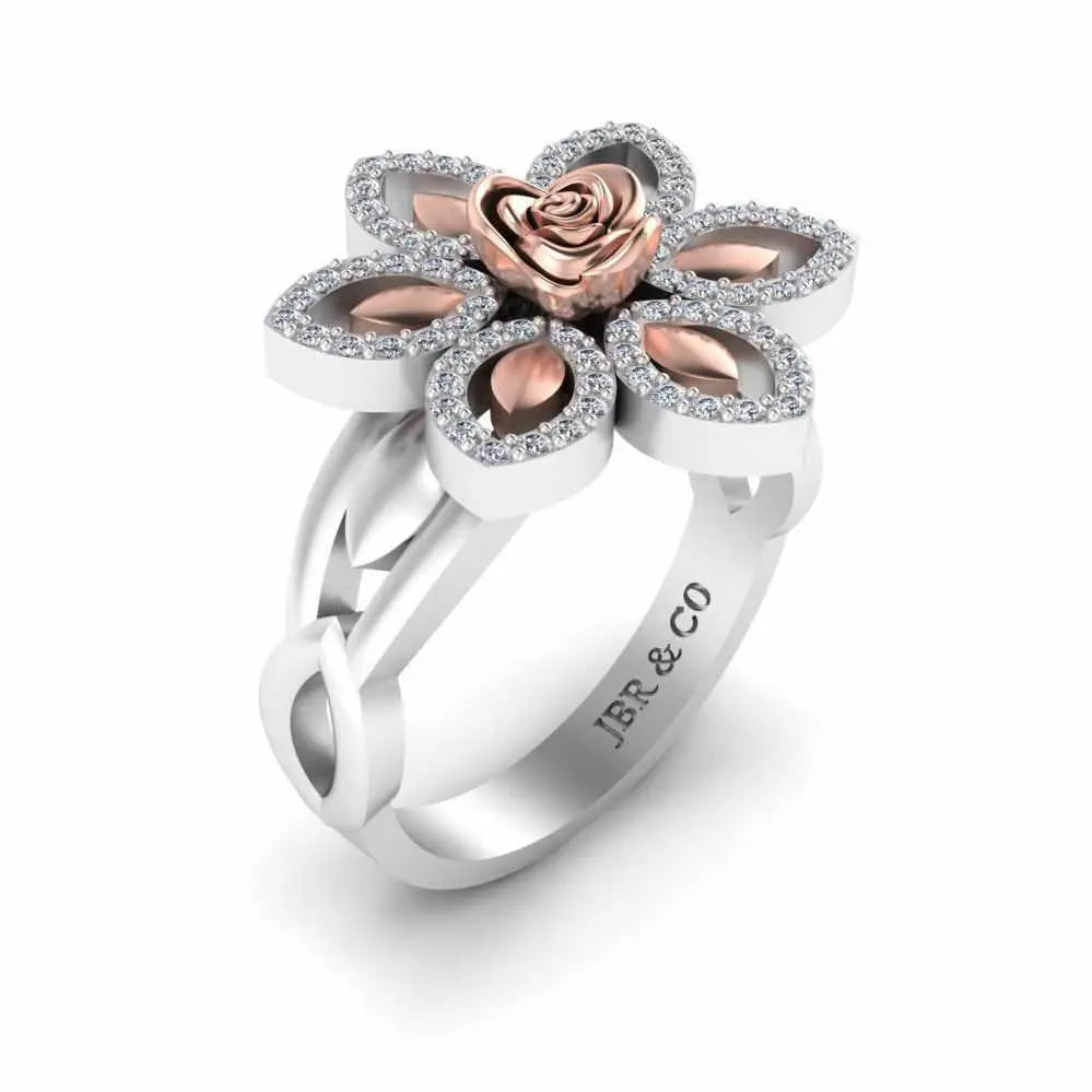 Two Tone Floral Style Rose Ring In Sterling Silver - JBR Jeweler