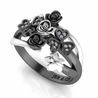 Two Tone Heart And Butterfly Rose Sterling Silver Ring - JBR Jeweler