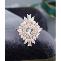 Unique 1.50ct Hexagon Cut Tapered Baguette Shaped Halo Moissanite Engagement Ring - JBR Jeweler