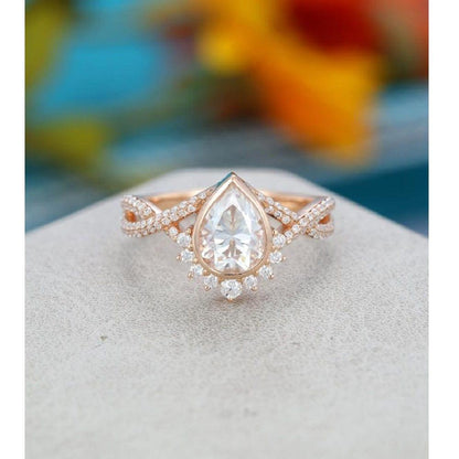 Unique 1.75CT Pear Shaped Rose Gold Halo Vintage Twisted Moissanite Engagement Wedding Ring - JBR Jeweler