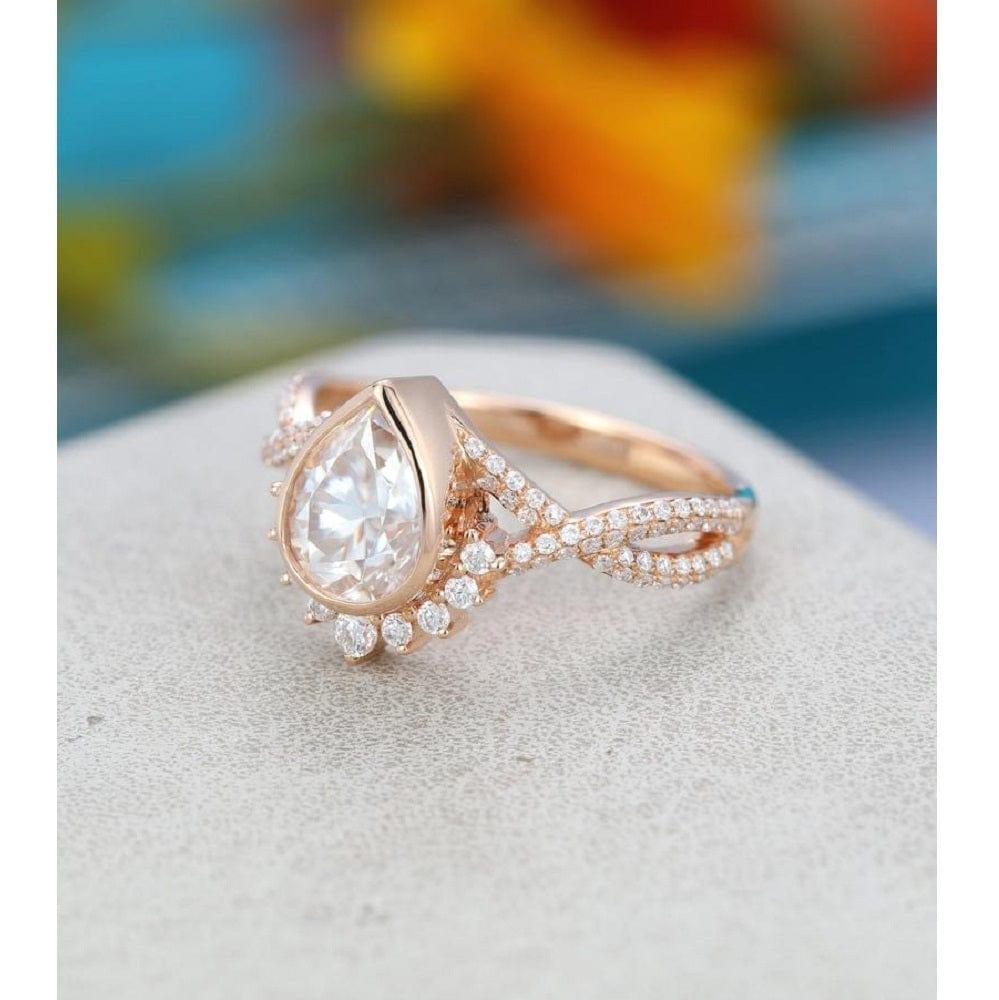 Unique 1.75CT Pear Shaped Rose Gold Halo Vintage Twisted Moissanite Engagement Wedding Ring - JBR Jeweler