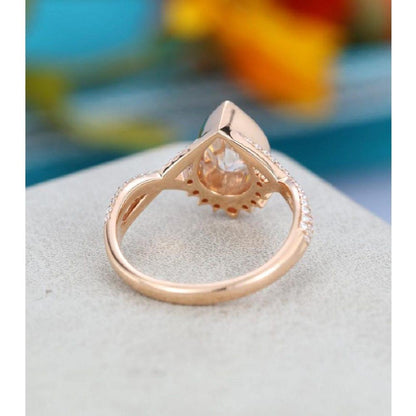 Unique 1.75CT Pear Shaped Rose Gold Halo Vintage Twisted Moissanite Engagement Wedding Ring - JBR Jeweler