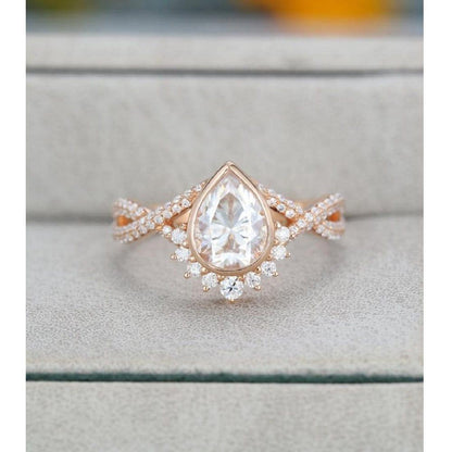 Unique 1.75CT Pear Shaped Rose Gold Halo Vintage Twisted Moissanite Engagement Wedding Ring - JBR Jeweler