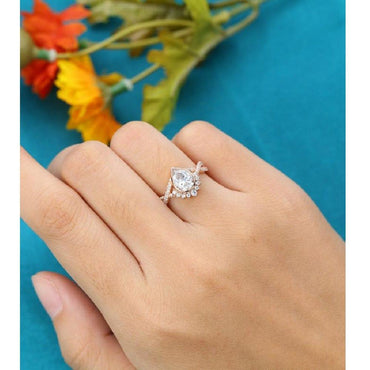 Unique 1.75CT Pear Shaped Rose Gold Halo Vintage Twisted Moissanite Engagement Wedding Ring - JBR Jeweler