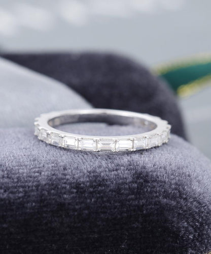 Unique 3/4 Eternity Vintage Baguette Cut Diamond White Gold Women Stacking Moissanite Wedding Band - JBR Jeweler