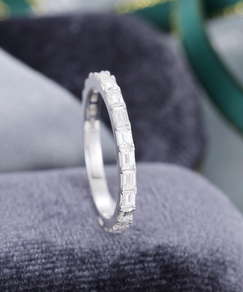 Unique 3/4 Eternity Vintage Baguette Cut Diamond White Gold Women Stacking Moissanite Wedding Band - JBR Jeweler