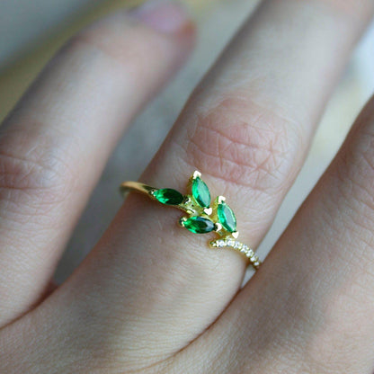 Unique gemstone Flower Green Marquise Solid Gold Wedding Band Anniversary Ring - JBR Jeweler