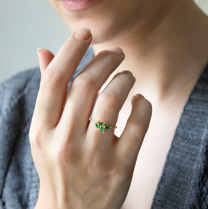 Unique gemstone Flower Green Marquise Solid Gold Wedding Band Anniversary Ring - JBR Jeweler