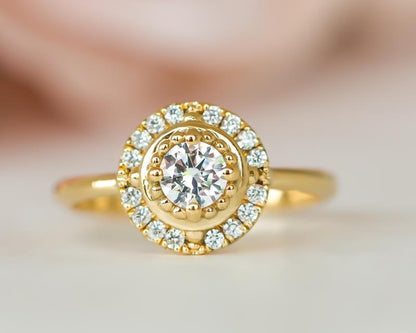 Unique Halo Yellow Gold Diamond Moissanite Engagement Wedding Ring For Women - JBR Jeweler