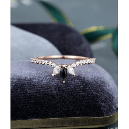 Unique Rose Gold Bezel Set Marquise Black Stacking Moissanite Wedding Band With Matching Band - JBR Jeweler