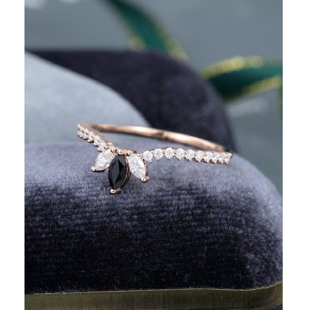 Unique Rose Gold Bezel Set Marquise Black Stacking Moissanite Wedding Band With Matching Band - JBR Jeweler