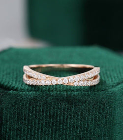 Unique Rose gold women Cross vintage Bridal Half eternity Stacking Moissanite Wedding band - JBR Jeweler