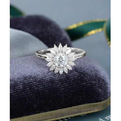 Unique Vintage White Gold Flower Halo Marquise Accent Moissanite Engagement Wedding Ring - JBR Jeweler