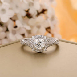 Vintage 1.0CT Round Cut Solid White Gold Anniversary Halo Moissanite Engagement Ring - JBR Jeweler