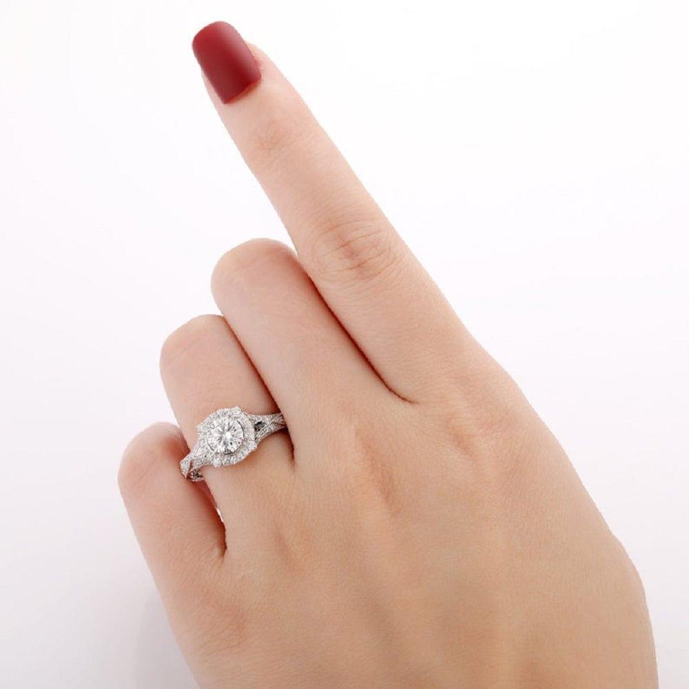 Vintage 1.0CT Round Cut Solid White Gold Anniversary Halo Moissanite Engagement Ring - JBR Jeweler