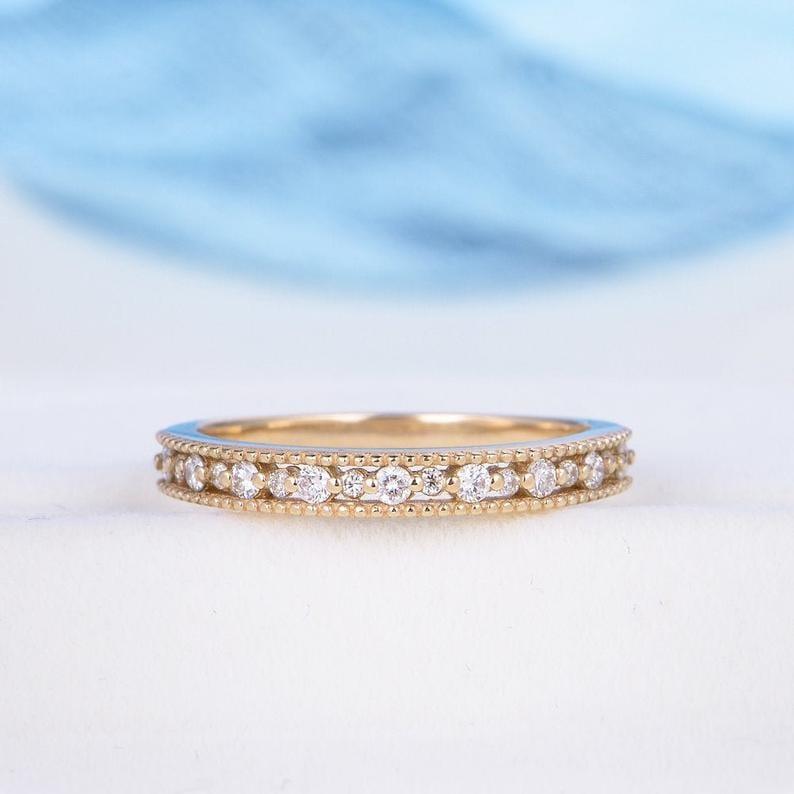 Vintage Art Deco Unique Yellow Gold Milgrain Half Eternity Moissanite Wedding Band - JBR Jeweler