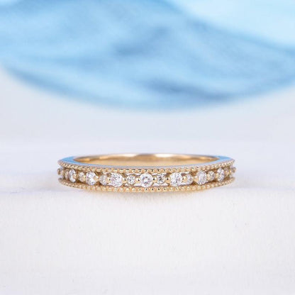 Vintage Art Deco Unique Yellow Gold Milgrain Half Eternity Moissanite Wedding Band - JBR Jeweler